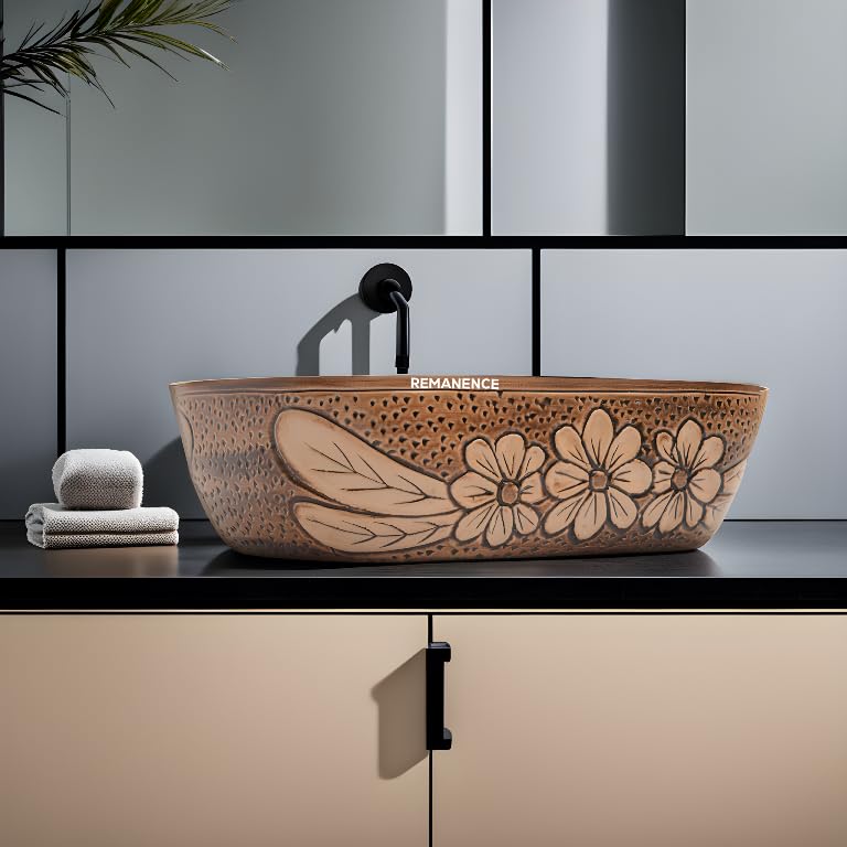 REMANENCE Premium Wooden Style Designer Table Top Wash Basin for Luxury Homes, Premium Restaurants & Cafés, Boutique Hotels & Resorts (18 x 13 x 5.5 Inch) (Wooden Style Basin 05)