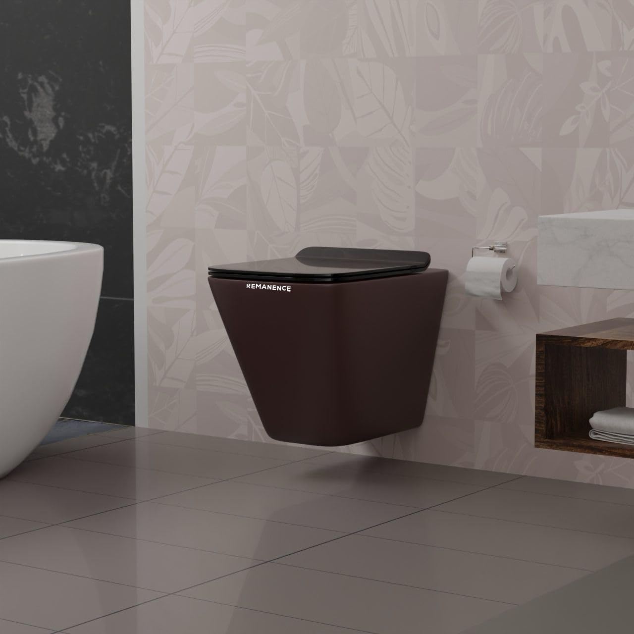 REMANENCE-EUROPEAN Style Ceramic Wall Mount Commode for Bathrooms with Soft Close Seat Cover (Brown)