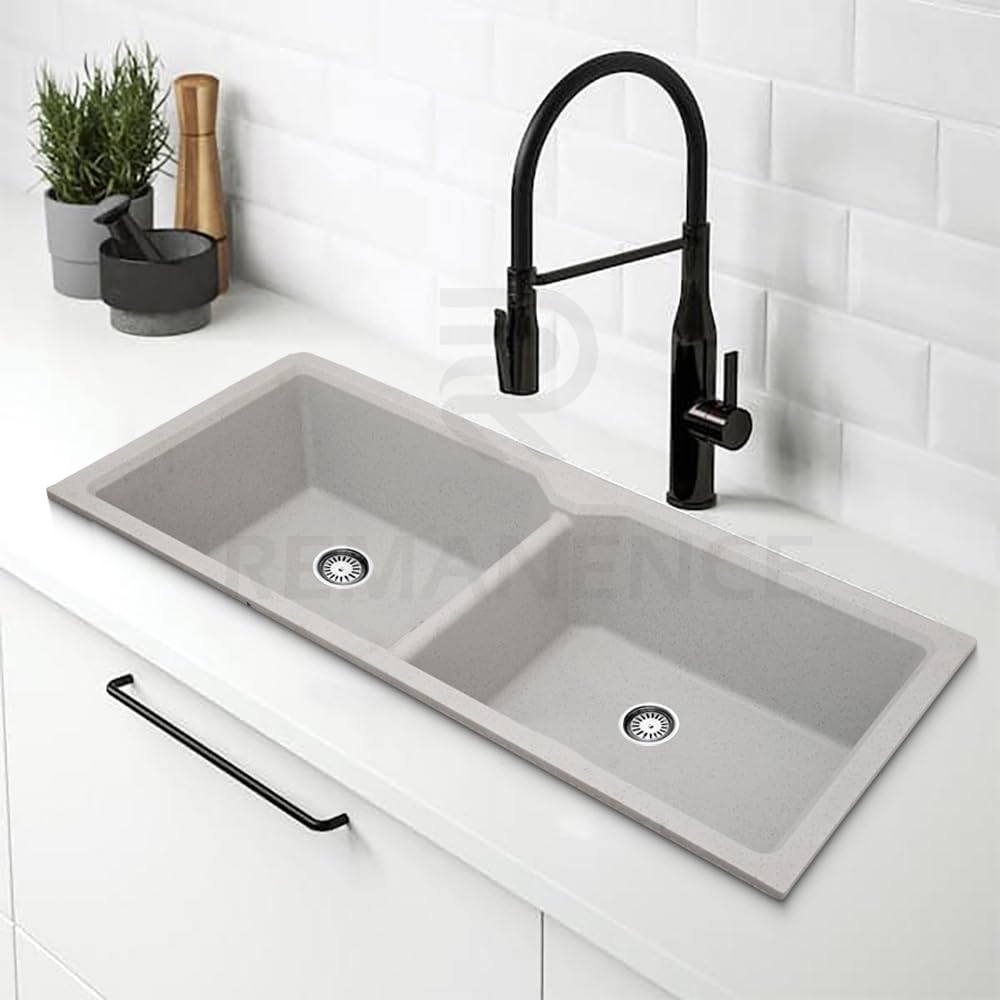 REMANENCE Granite Quartz Double Bowl Kitchen Sink With Drain Board (45 x 20 x 9 Inch) (Grey Sand)