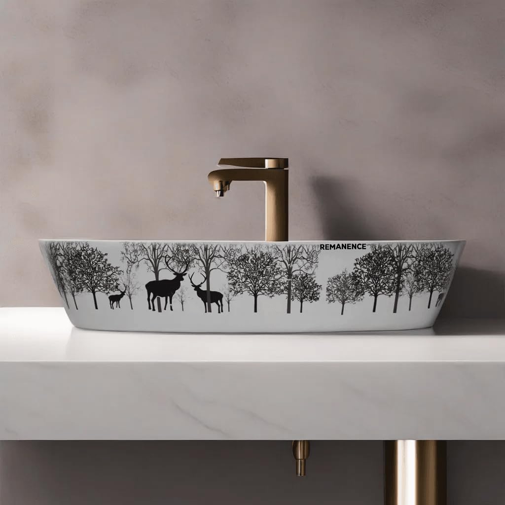 REMANENCE Designer Ceramic Table Top Wash Basin for Luxury Bathrooms, Premium Restaurants & Cafés, Boutique Hotels & Resorts, Showrooms & Offices (24 x 15 x 5 Inch) (Animal Printed)