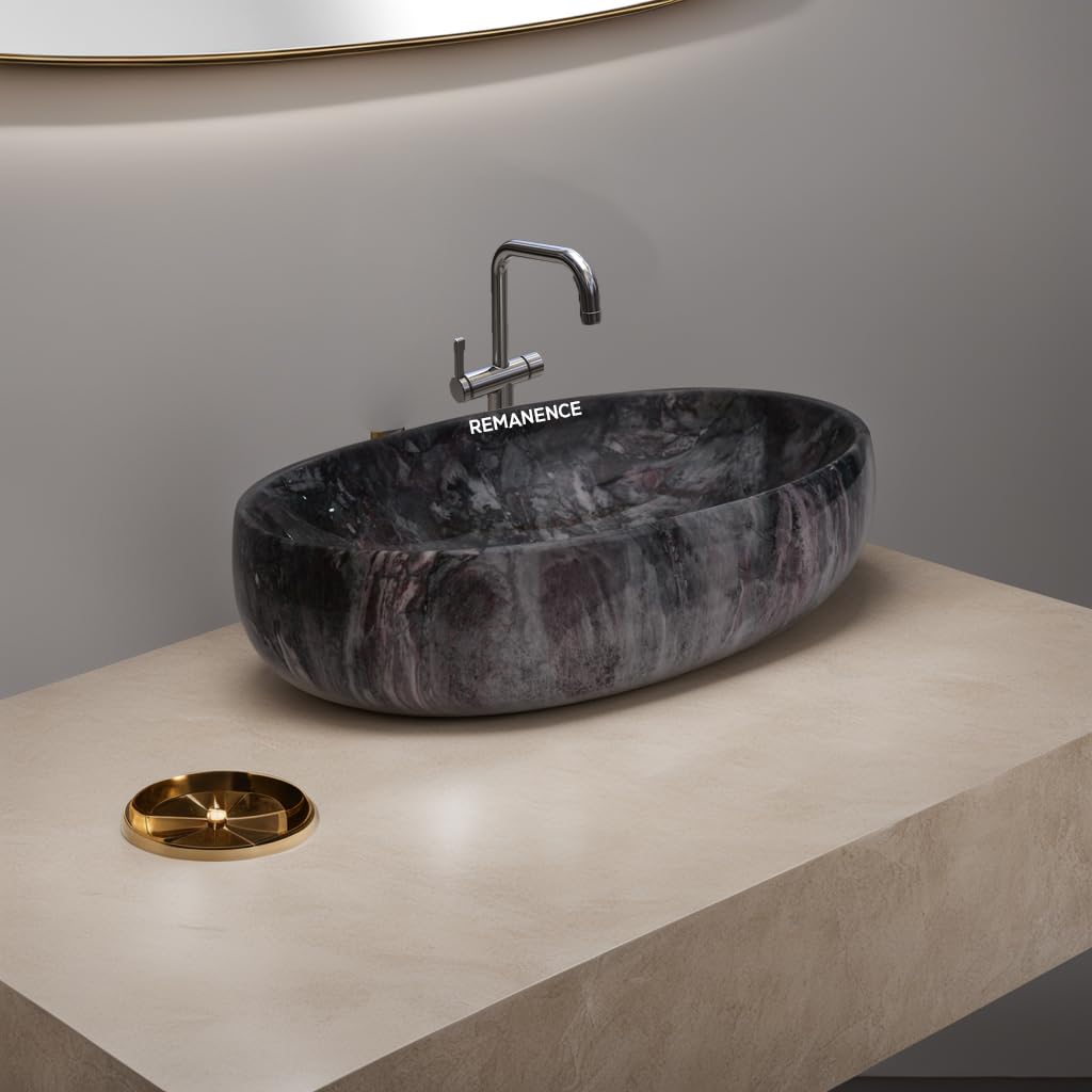 REMANENCE Ceramic Countertop Wash Basin for Designer Bathroom, Boutique Hotels, Luxury Homes (24 x 15 x 6 Inch) (Marble Navy Blue)