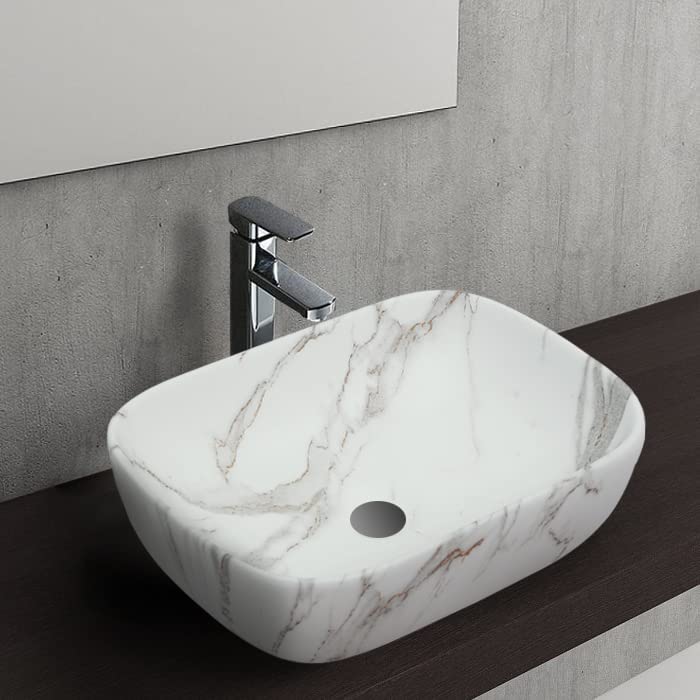REMANENCE Designer Premium Table Top Wash Basin for Designer Showrooms, Fine-Dining Establishments, Upscale Hospitality Venues (18 x 13 x 5.5 Inch) (White-Grey)