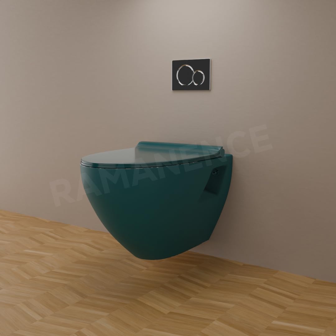 REMANENCE-CARDIFF Wall Mount Commode for Home, Restaurant, Commercial Buildings with Soft Close Seat Cover (OS. Green)