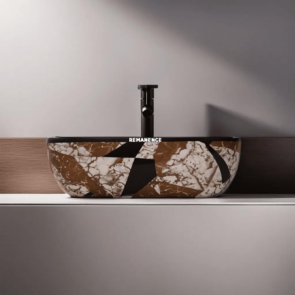 REMANENCE Premium Designer Table Top Wash Basin For Designer Bathrooms, Luxury Homes, Boutique Hotels (18 x 13 x 5.5 Inch) (AD 30 Brown Black N White)