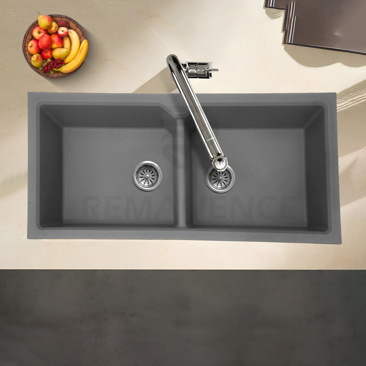 REMANENCE Granite Quartz Double Bowl Kitchen Sink With Drain Board (45 x 20 x 9 Inch) (Grey)