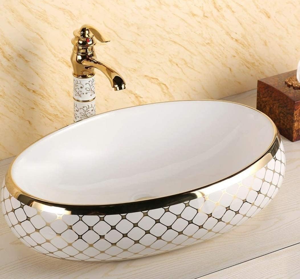 REMANENCE Premium Countertop Wash Basin for Boutique Hotels & Resorts, Showrooms & Offices, Premium Restaurants & Cafés, Luxury Bathrooms (24 X 14 X 5 Inch) (Glossy White Golden Basin-Cross Design)
