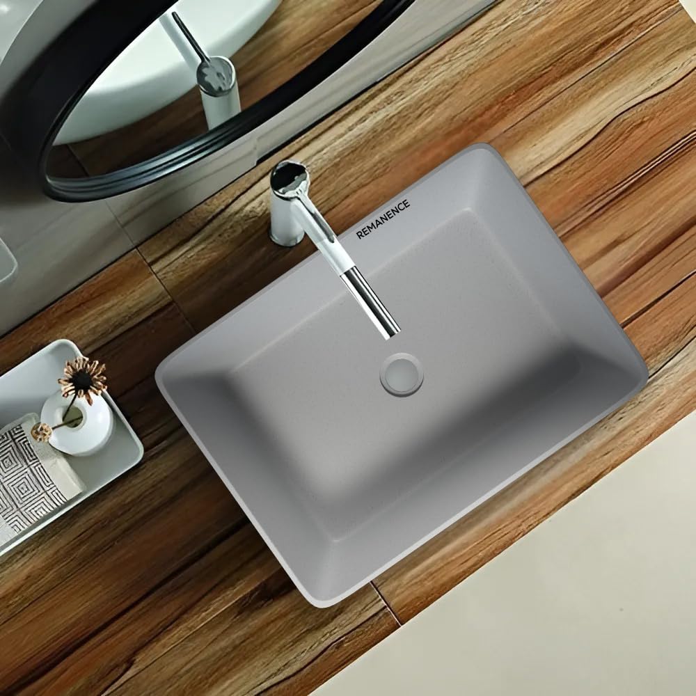 REMANENCE Granite Quartz Countertop Wash Basin (18 X 13 X 5.5 Inch) (Matte Grey Stone)