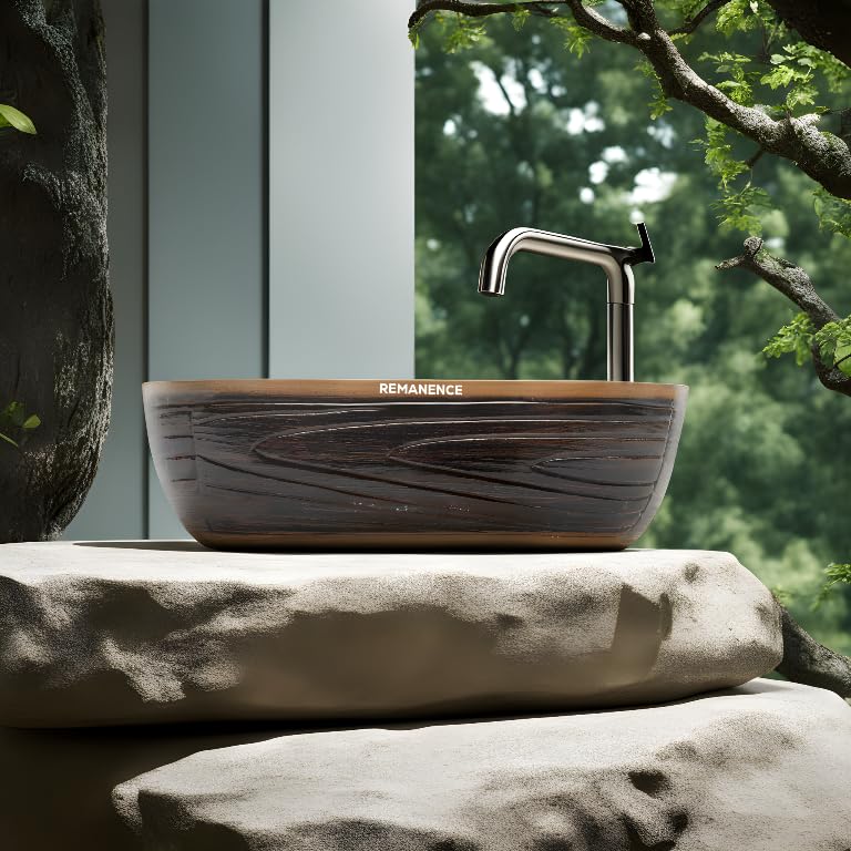 REMANENCE Premium Wooden Style Designer Table Top Wash Basin for Luxury Homes, Premium Restaurants & Cafés, Boutique Hotels & Resorts (18 x 13 x 5.5 Inch) (Wooden Style Basin 08)