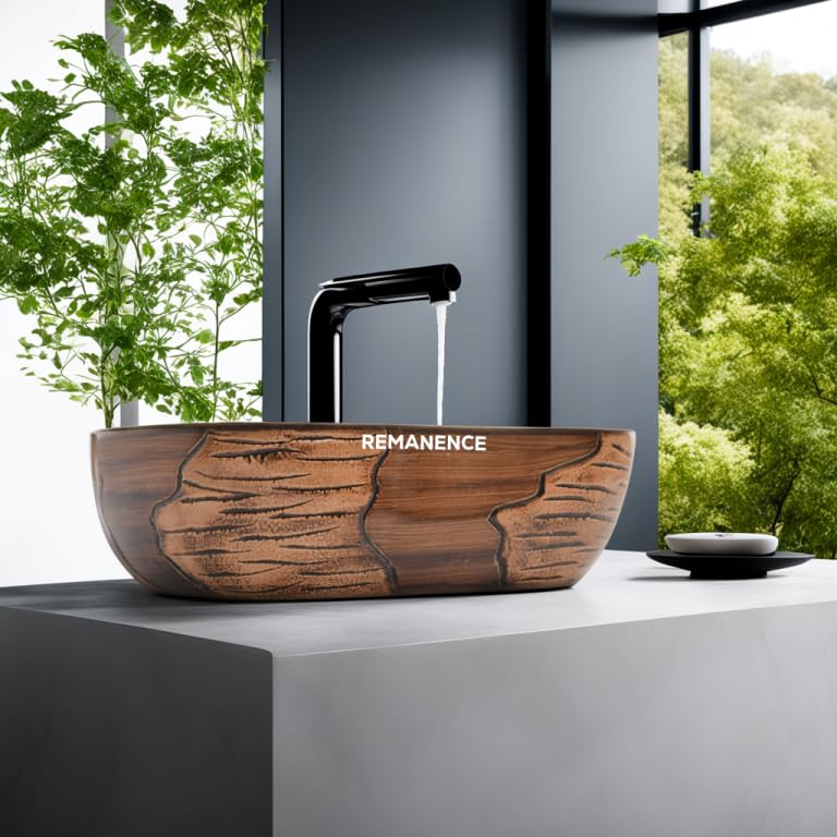 REMANENCE Premium Wooden Style Designer Table Top Wash Basin for Luxury Homes, Premium Restaurants & Cafés, Boutique Hotels & Resorts (18 x 13 x 5.5 Inch) (Wooden Style Basin 09)