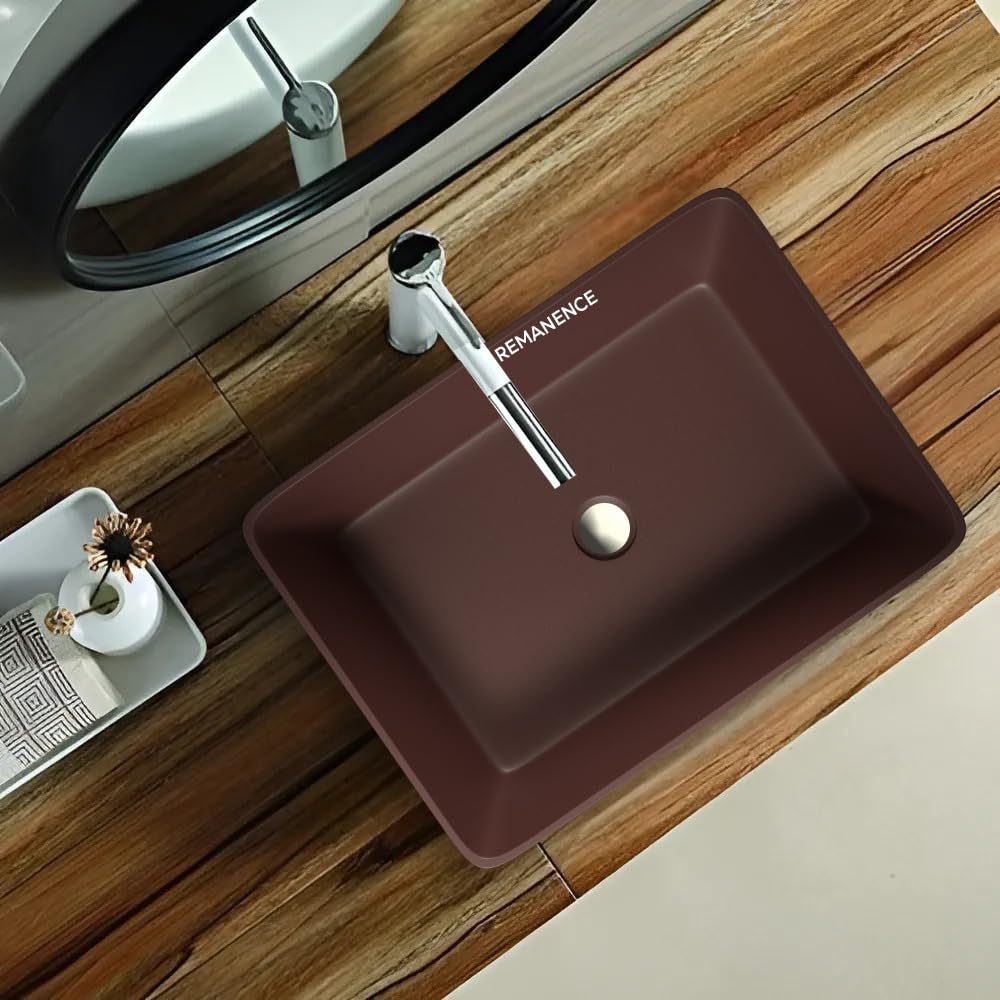 REMANENCE Granite Quartz Countertop Wash Basin (18 X 13 X 5.5 Inch) (Matte Brown)