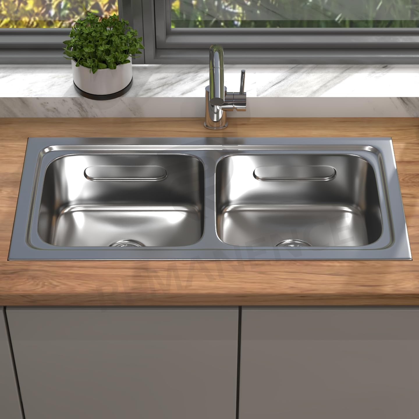 REMANENCE 304 Grade Stainless Steel Double Bowl Kitchen Sink (37 x 18 x 8 Inch) (Glossy)