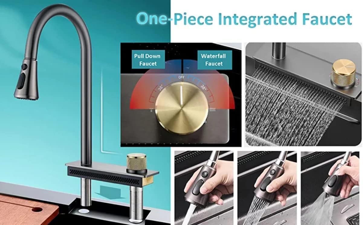 REMANENCE Modular Waterfall Kitchen Sink with Anti Scratch Honeycomb Design, Integrated and Pull-Down Faucet Set/304 Grade Stainless Steel Sink with Cup washer and Drain Baskets (30 x 18 x 9 inch)