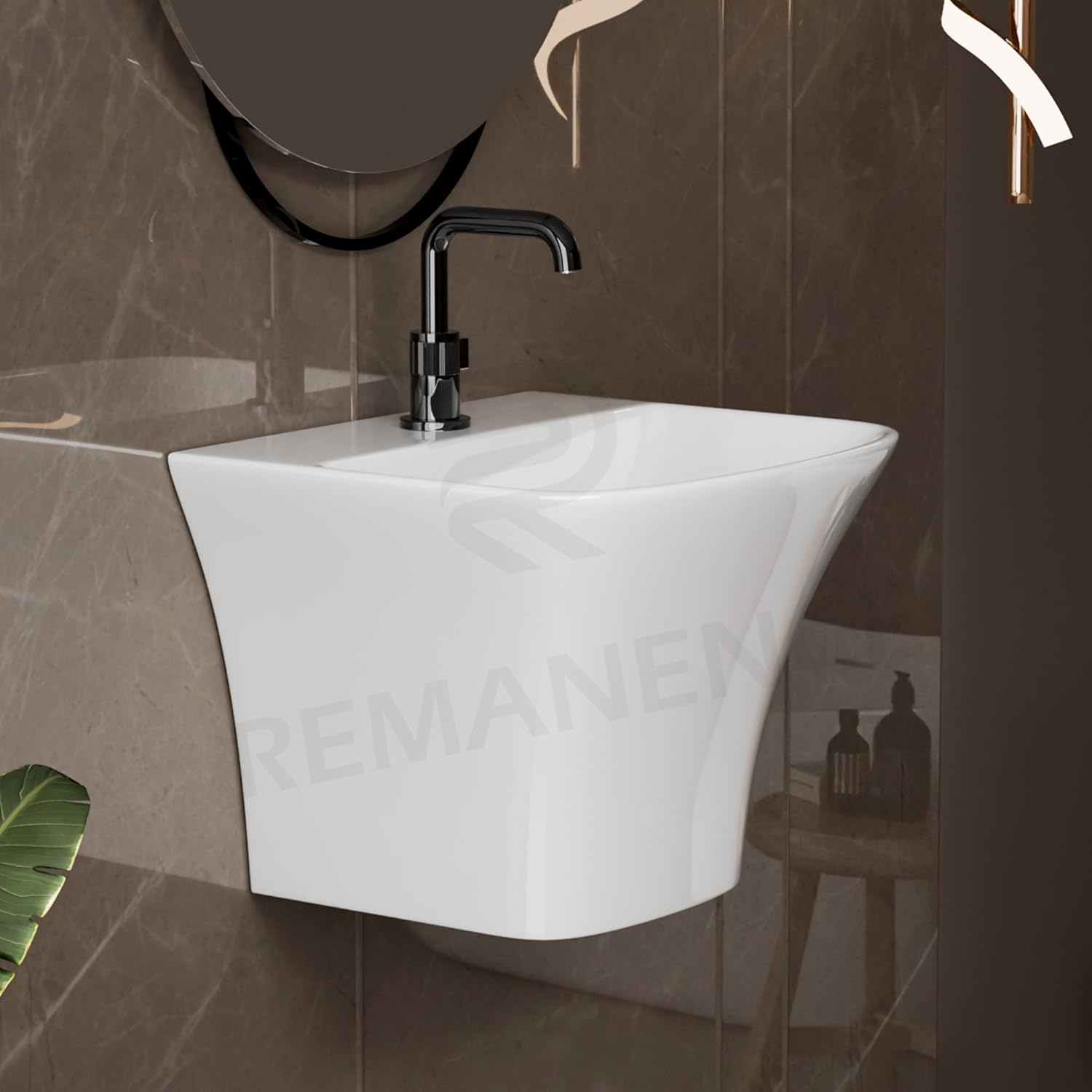 REMANENCE-RION Luxury Wall Mount Half Pedestal Wash Basin for Bathroom, Restaurant, Hotels (Glossy White)