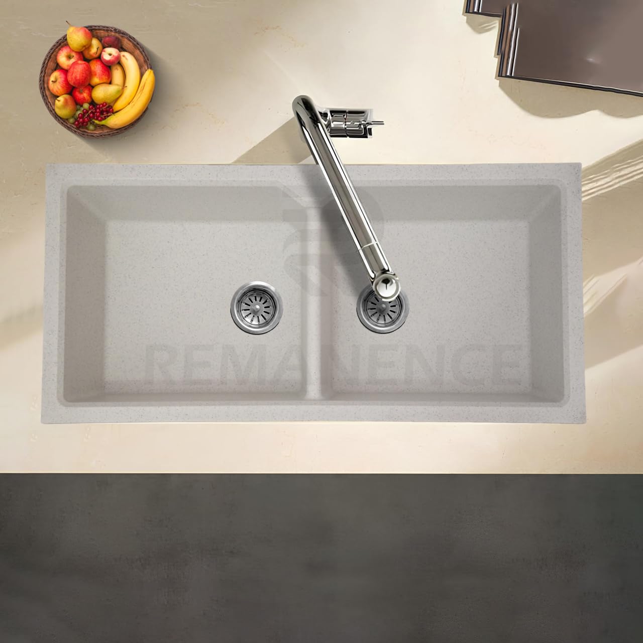REMANENCE Granite Quartz Double Bowl Kitchen Sink With Drain Board (45 x 20 x 9 Inch) (Snow Sand)