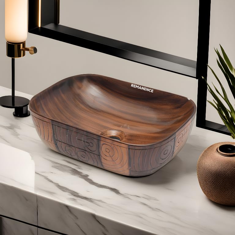 REMANENCE Premium Wooden Style Designer Table Top Wash Basin for Luxury Homes, Premium Restaurants & Cafés, Boutique Hotels & Resorts (18 x 13 x 5.5 Inch) (Wooden Style Basin 01)