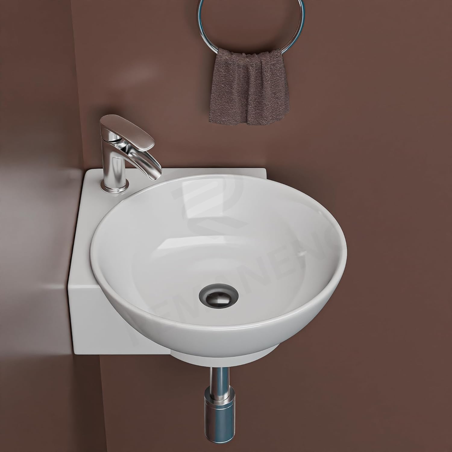 REMANENCE-ROUND Ceramic Wall Mounted Small Corner Wash Basin for Bathroom (16.3 x 13.8 x 4.3 Inch)