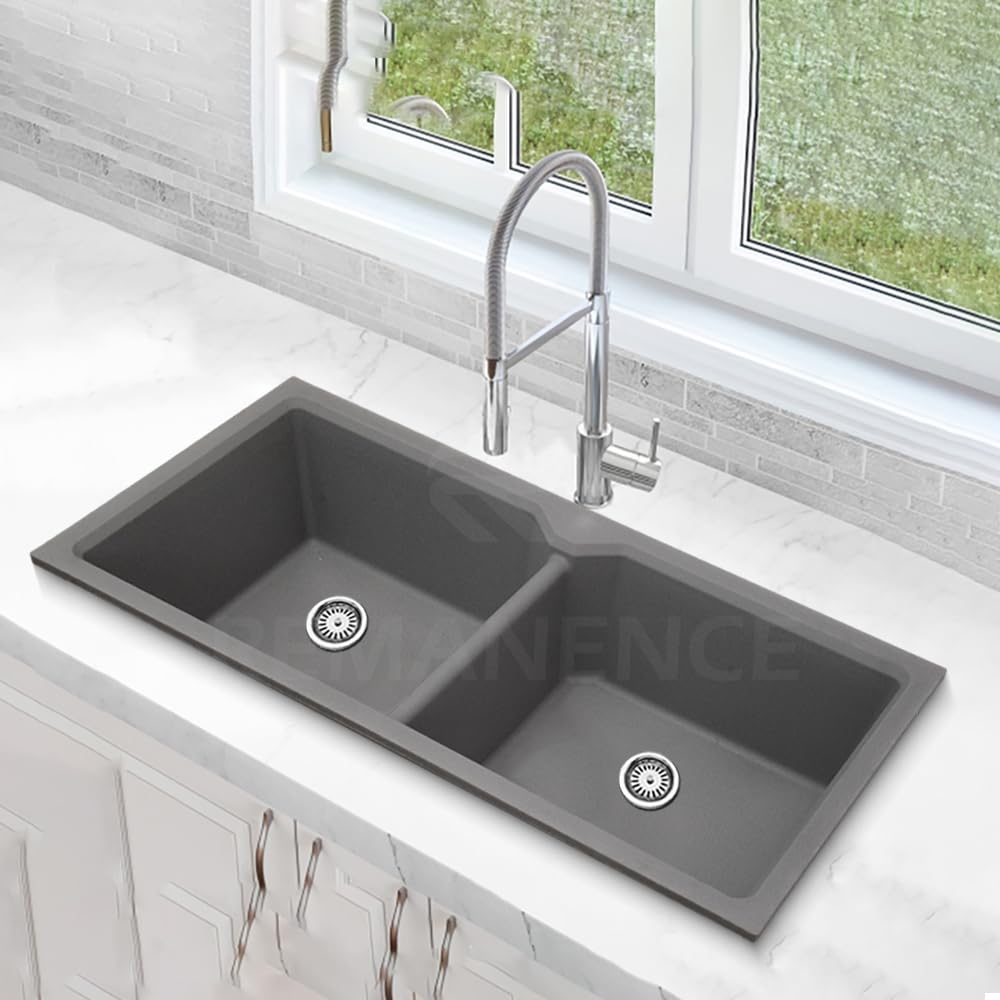 REMANENCE Granite Quartz Double Bowl Kitchen Sink With Drain Board (45 x 20 x 9 Inch) (Grey)