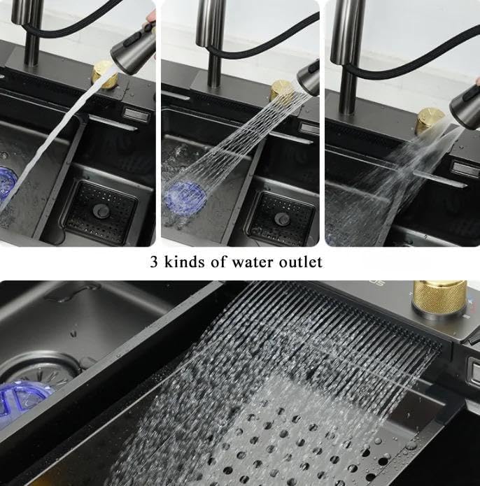 REMANENCE Modular Waterfall Kitchen Sink with Anti Scratch Honeycomb Design, Integrated and Pull-Down Faucet Set/304 Grade Stainless Steel Sink with Cup washer and Drain Baskets (30 x 18 x 9 inch)