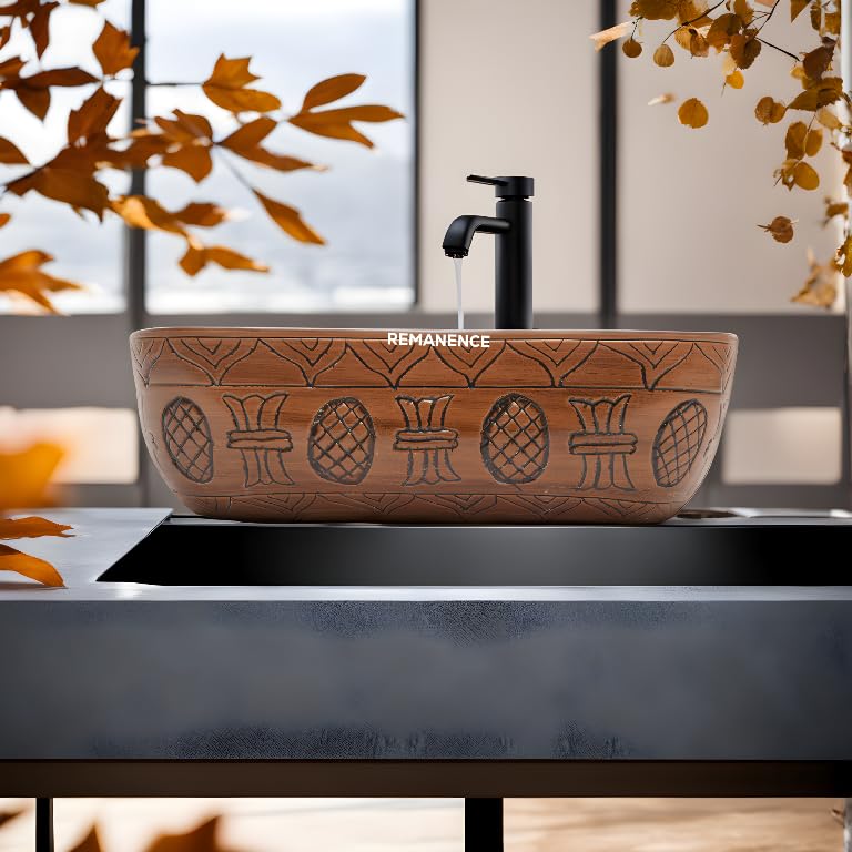 REMANENCE Premium Wooden Style Designer Table Top Wash Basin for Luxury Homes, Premium Restaurants & Cafés, Boutique Hotels & Resorts (18 x 13 x 5.5 Inch) (Wooden Style Basin 02)