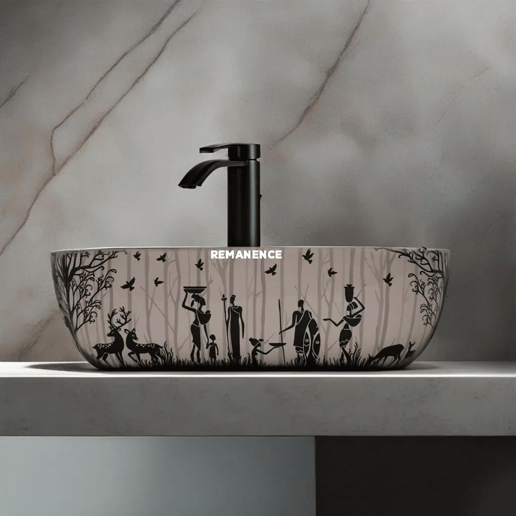 REMANENCE Premium Designer Table Top Wash Basin For Designer Bathrooms, Luxury Homes, Boutique Hotels (18 x 13 x 5.5 Inch) (AD 27 Forest Printed)