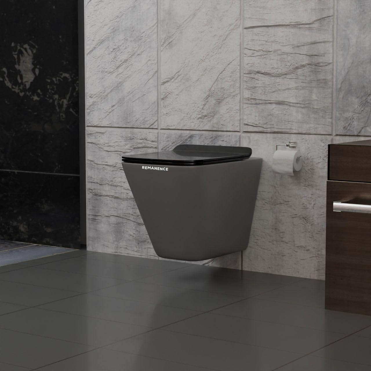 REMANENCE-EUROPEAN Style Ceramic Wall Mount Commode for Bathrooms with Soft Close Seat Cover (Grey)