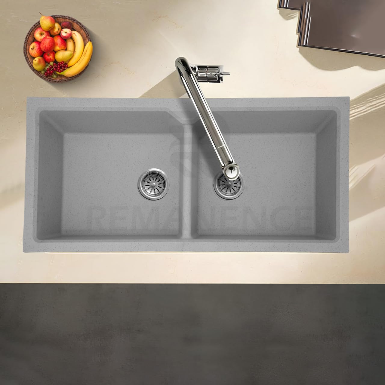 REMANENCE Granite Quartz Double Bowl Kitchen Sink With Drain Board (45 x 20 x 9 Inch) (Grey Sand)