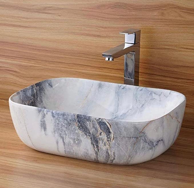 REMANENCE Designer Countertop Wash Basin for Office Washroom, Hotel & Resort, Home Living Room (18 x 13 x 5.5 Inch) (White Grey Blues) (Glossy Finish)