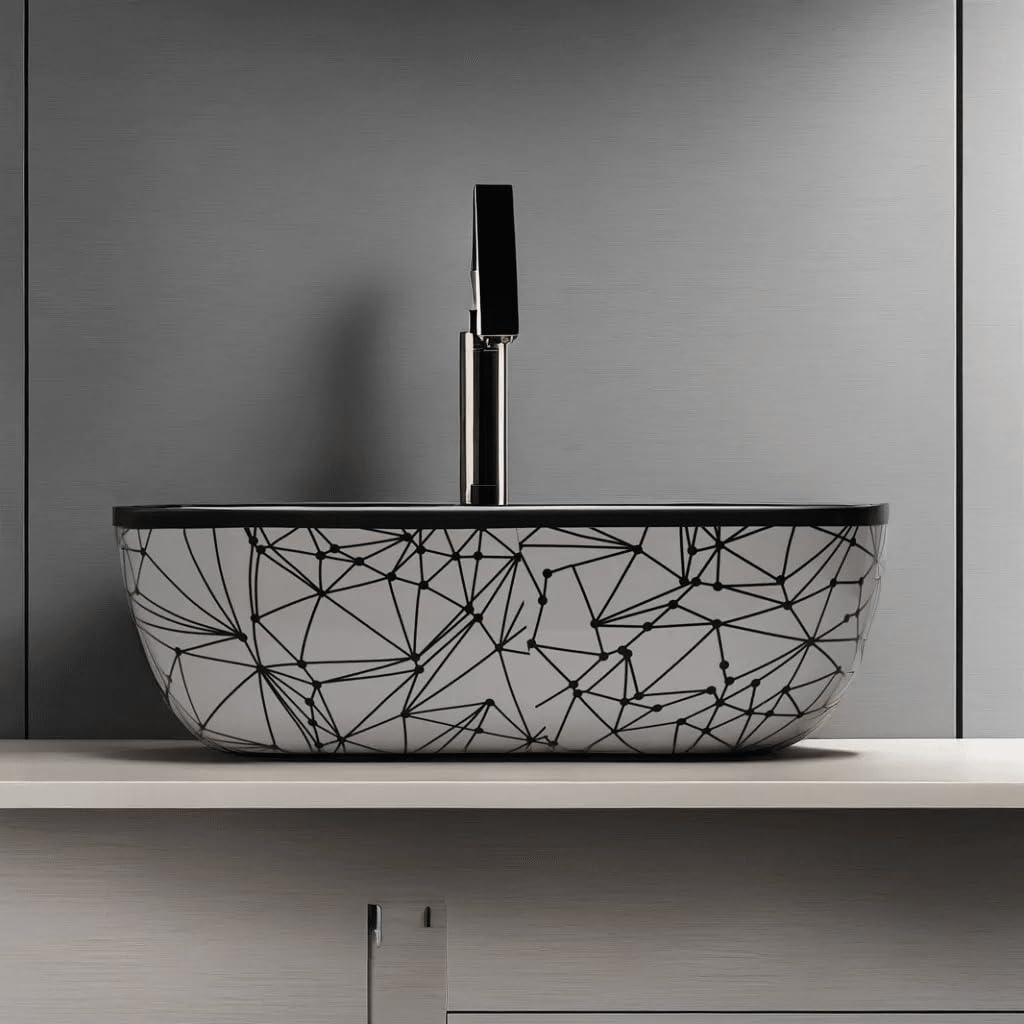 REMANENCE Premium Designer Table Top Wash Basin For Designer Bathrooms, Luxury Homes, Boutique Hotels (18 x 13 x 5.5 Inch) (AD 65 White N Black Design)