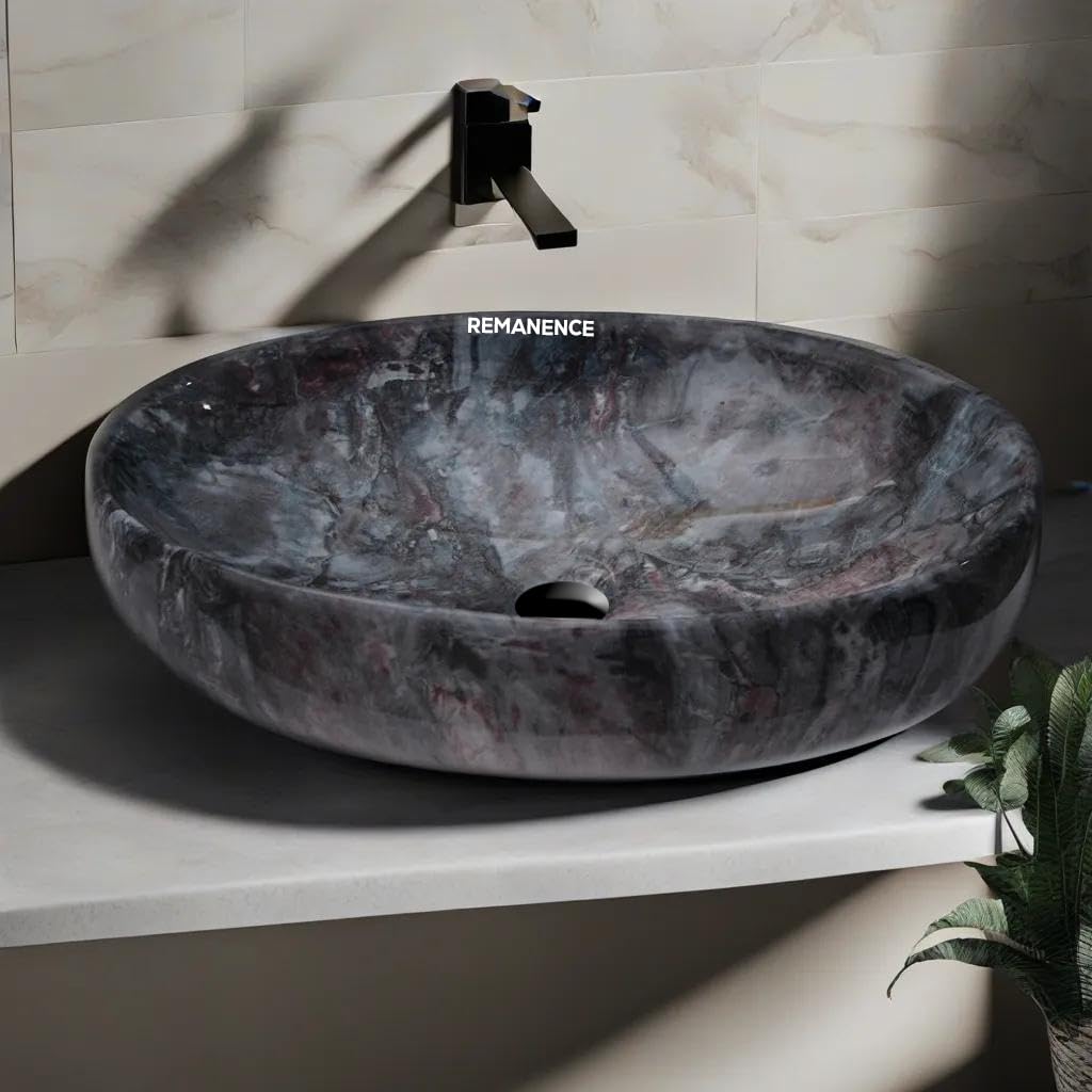 REMANENCE Ceramic Countertop Wash Basin for Designer Bathroom, Boutique Hotels, Luxury Homes (24 x 15 x 6 Inch) (Marble Navy Blue)