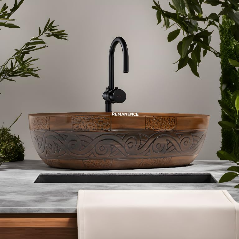 REMANENCE Premium Wooden Style Designer Table Top Wash Basin for Luxury Homes, Premium Restaurants & Cafés, Boutique Hotels & Resorts (18 x 13 x 5.5 Inch) (Wooden Style Basin 06)