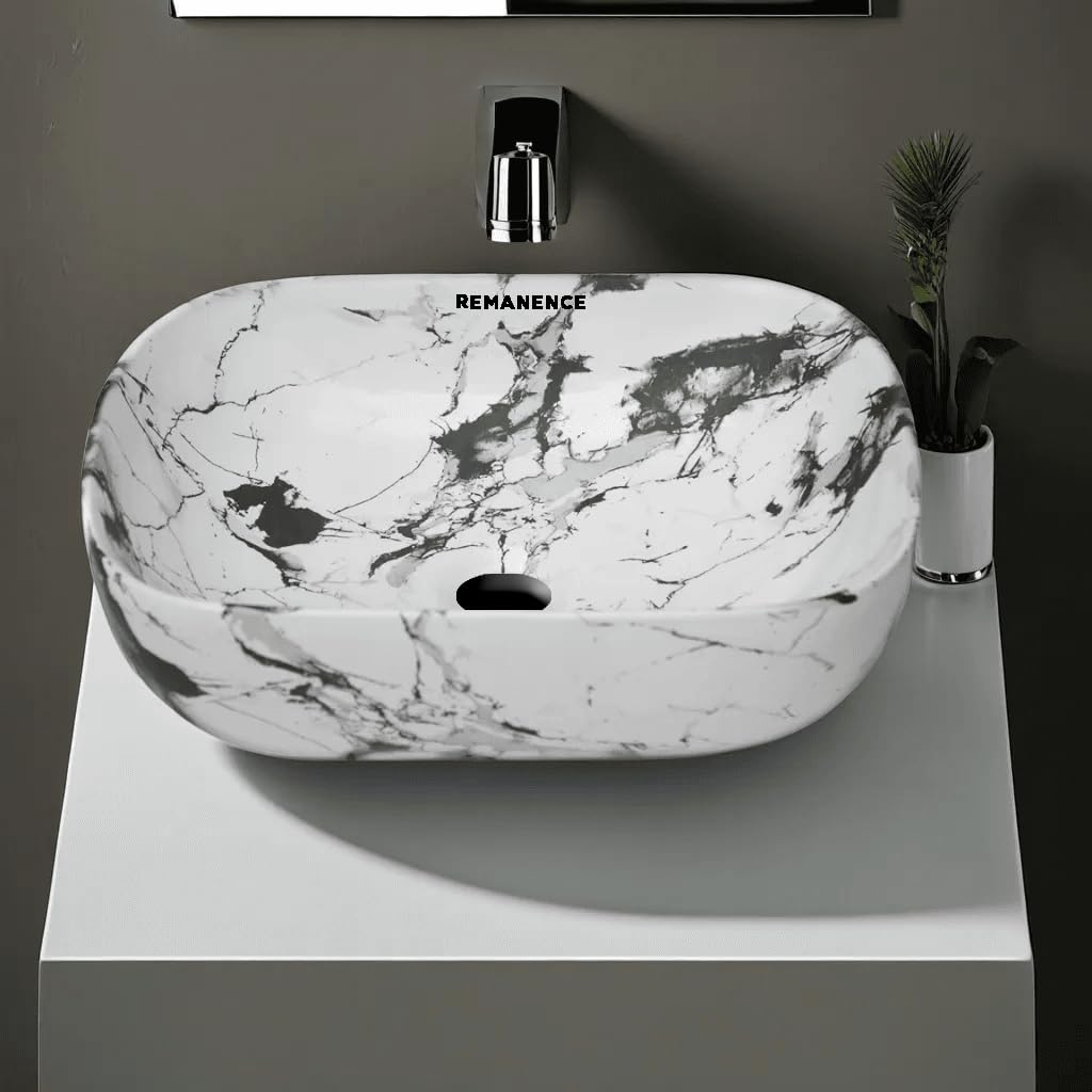 REMANENCE Premium Designer Table Top Wash Basin For Designer Bathrooms, Luxury Homes, Boutique Hotels (18 x 13 x 5.5 Inch) (AD 73 Designer White Black)