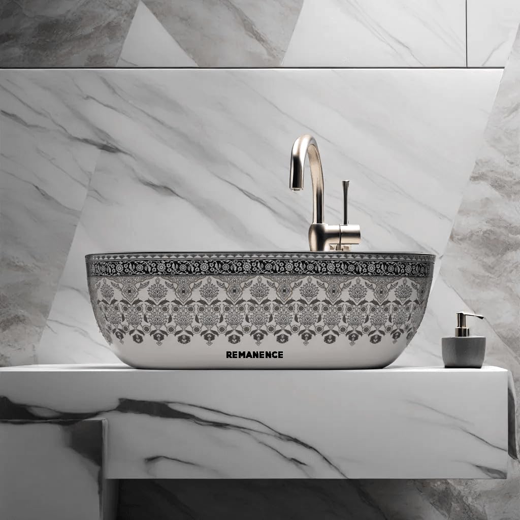 REMANENCE Premium Designer Table Top Wash Basin For Designer Bathrooms, Luxury Homes, Boutique Hotels (18 x 13 x 5.5 Inch) (AD 91 Moroccan Black Design)