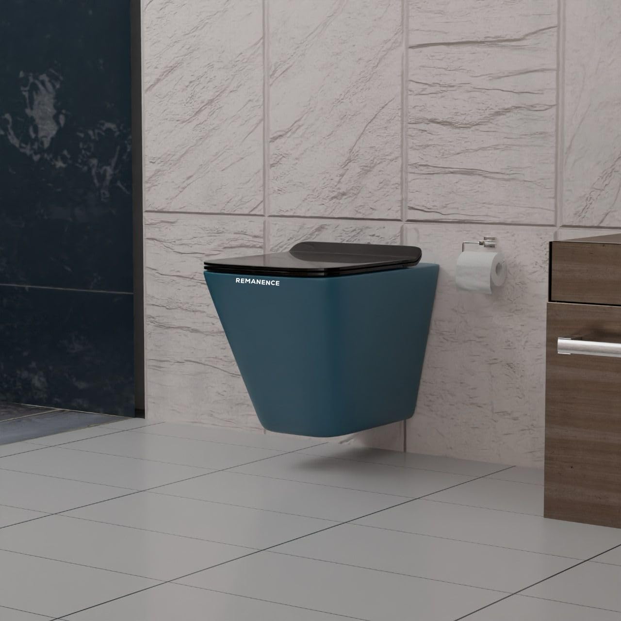 REMANENCE-EUROPEAN Style Ceramic Wall Mount Commode for Bathrooms with Soft Close Seat Cover (Blue)