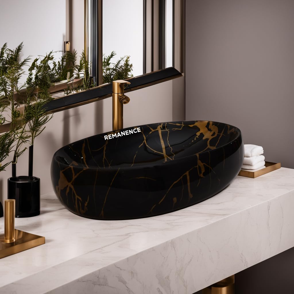 REMANENCE Ceramic Countertop Wash Basin for Designer Bathroom, Boutique Hotels, Luxury Homes (24 x 15 x 6 Inch) (Black N Gold Jelly)