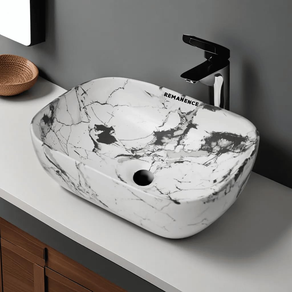 REMANENCE Premium Designer Table Top Wash Basin For Designer Bathrooms, Luxury Homes, Boutique Hotels (18 x 13 x 5.5 Inch) (AD 73 Designer White Black)