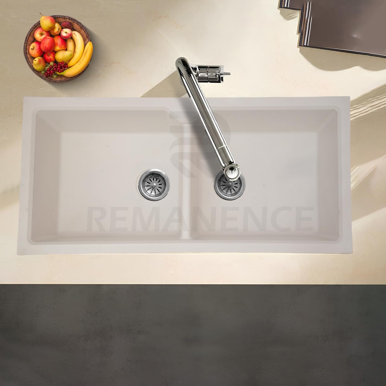 REMANENCE Granite Quartz Double Bowl Kitchen Sink With Drain Board (45 x 20 x 9 Inch) (White)