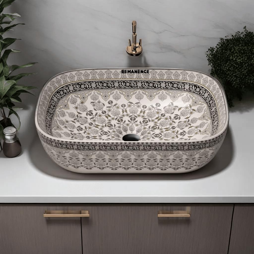 REMANENCE Premium Designer Table Top Wash Basin For Designer Bathrooms, Luxury Homes, Boutique Hotels (18 x 13 x 5.5 Inch) (AD 91 Moroccan Black Design)