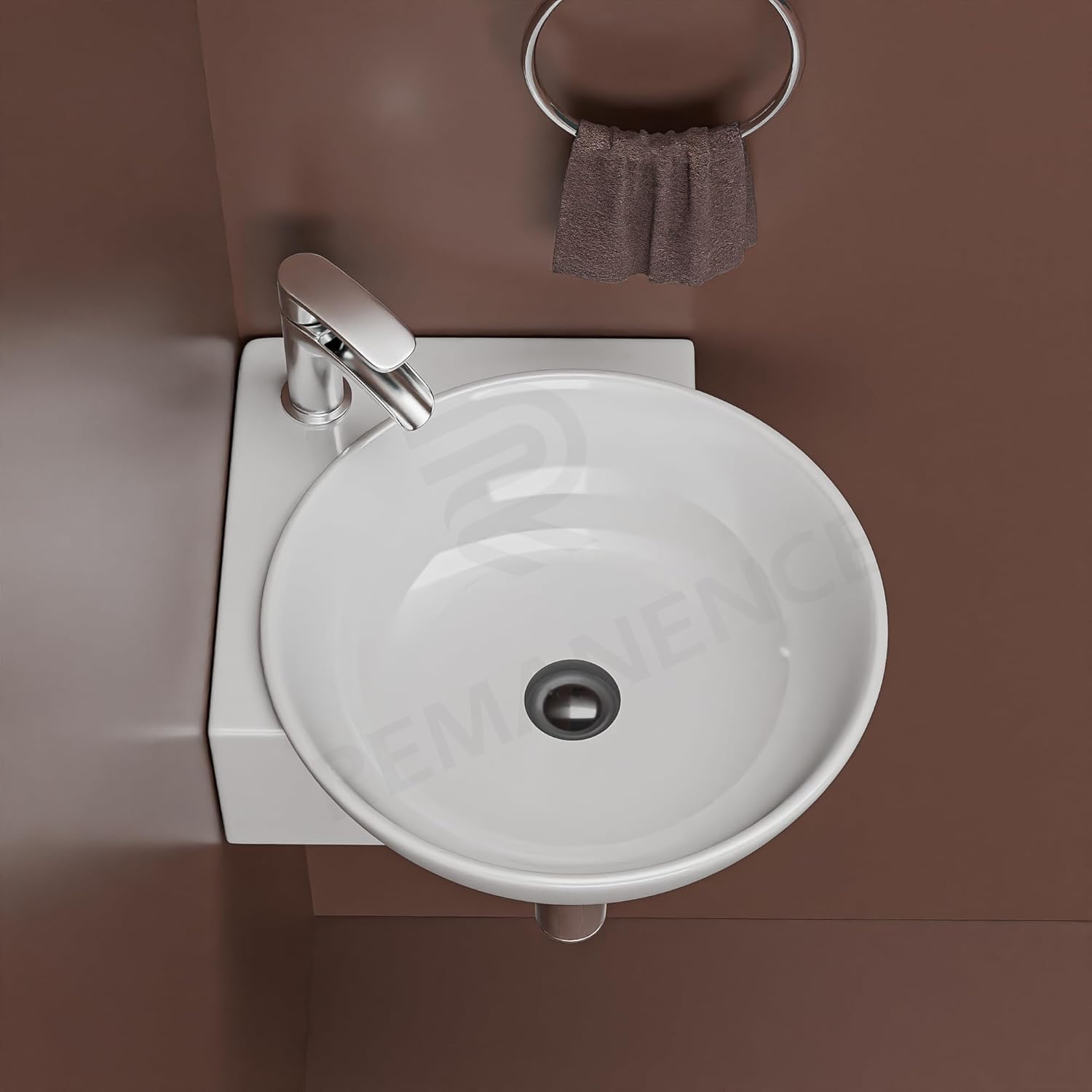 REMANENCE-ROUND Ceramic Wall Mounted Small Corner Wash Basin for Bathroom (16.3 x 13.8 x 4.3 Inch)