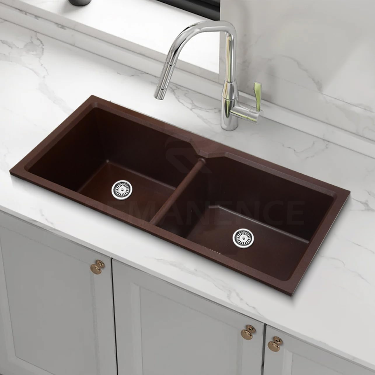 REMANENCE Granite Quartz Double Bowl Kitchen Sink With Drain Board (45 x 20 x 9 Inch) (Brown)