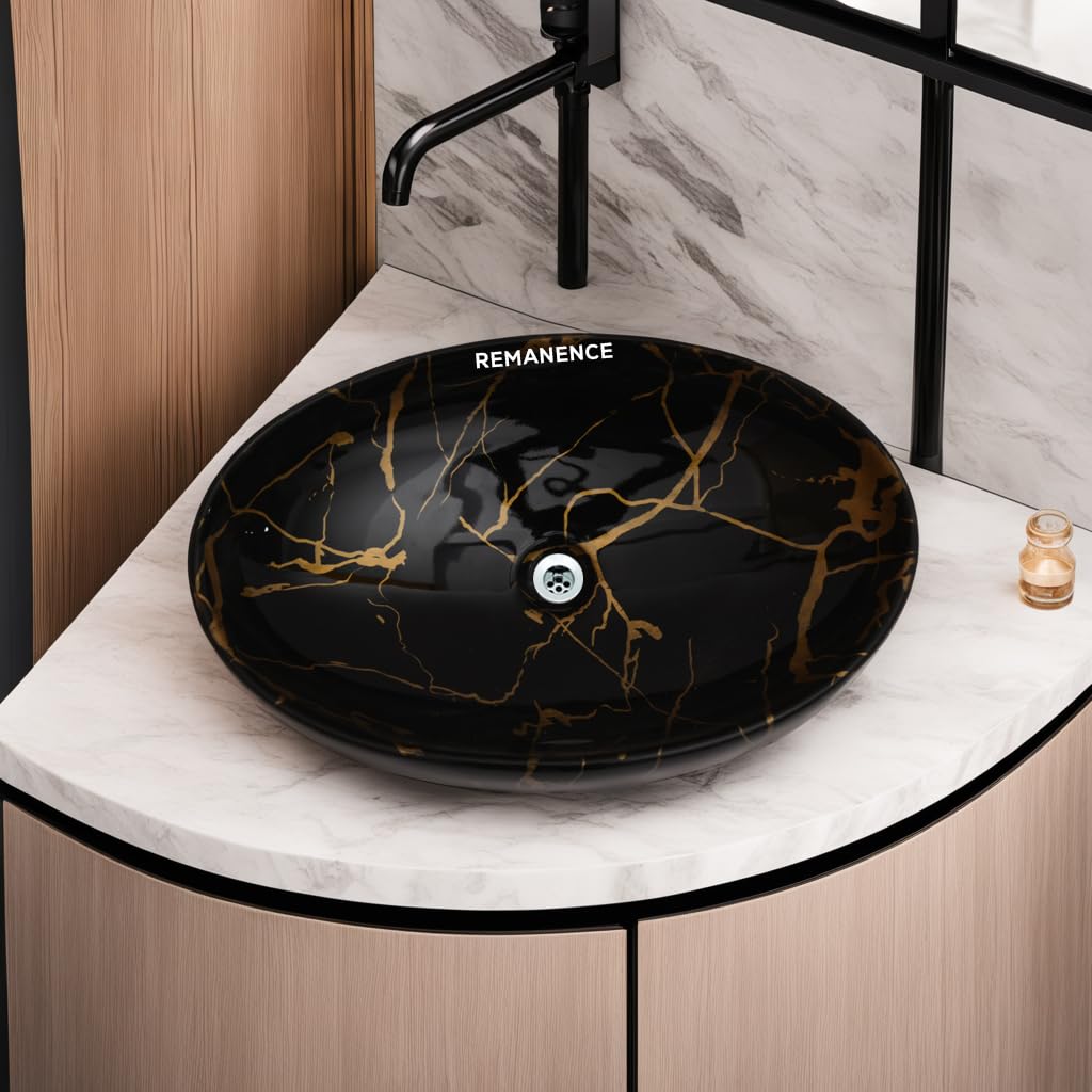 REMANENCE Ceramic Countertop Wash Basin for Designer Bathroom, Boutique Hotels, Luxury Homes (24 x 15 x 6 Inch) (Black N Gold Jelly)