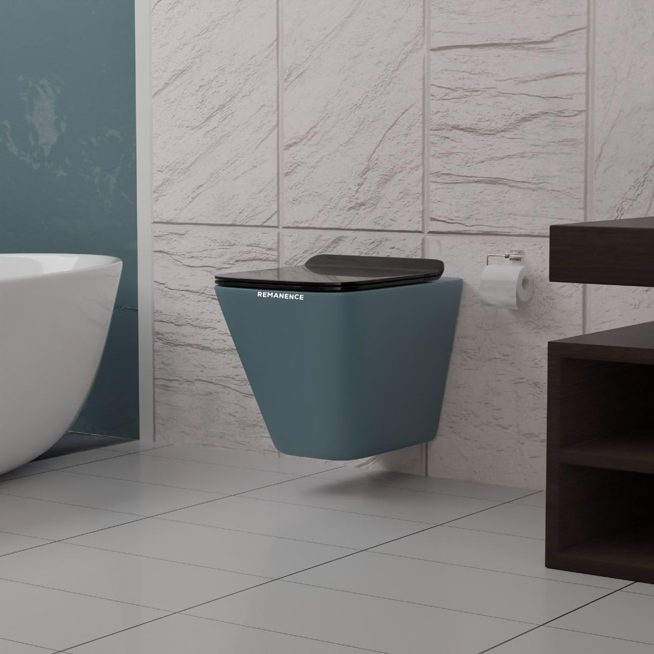 REMANENCE-EUROPEAN Style Ceramic Wall Mount Commode for Bathrooms with Soft Close Seat Cover (Light Blue)