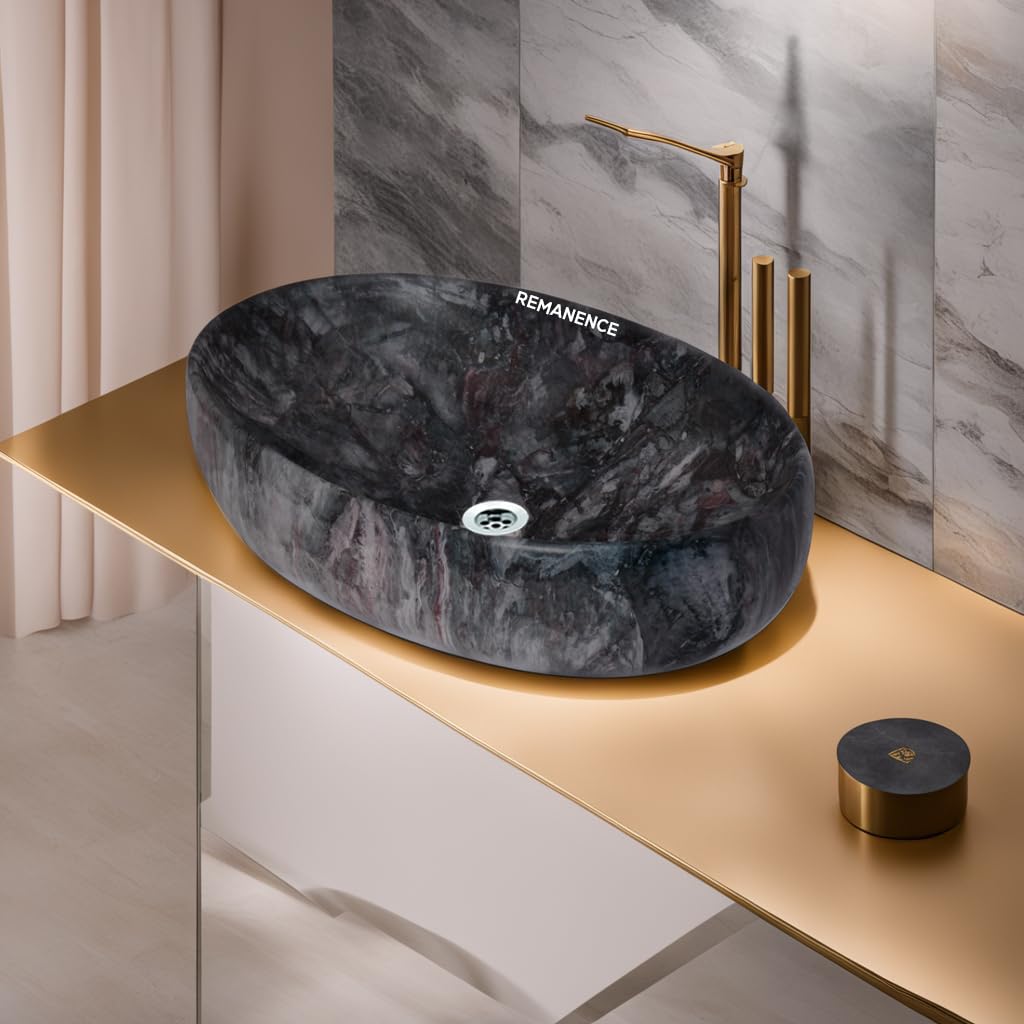 REMANENCE Ceramic Countertop Wash Basin for Designer Bathroom, Boutique Hotels, Luxury Homes (24 x 15 x 6 Inch) (Marble Navy Blue)