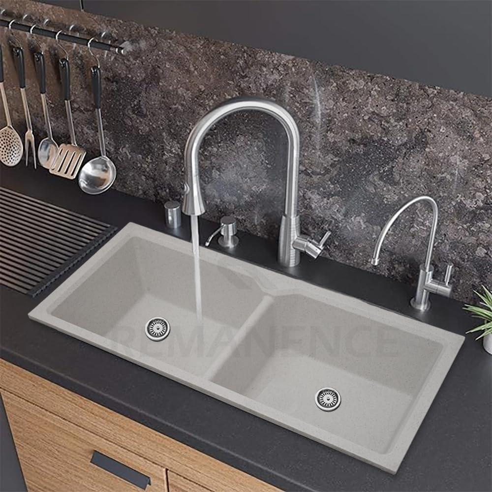 REMANENCE Granite Quartz Double Bowl Kitchen Sink With Drain Board (45 x 20 x 9 Inch) (Snow Sand)