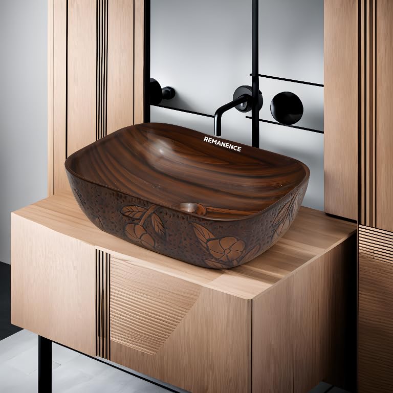 REMANENCE Premium Wooden Style Designer Table Top Wash Basin for Luxury Homes, Premium Restaurants & Cafés, Boutique Hotels & Resorts (18 x 13 x 5.5 Inch) (Wooden Style Basin 07)