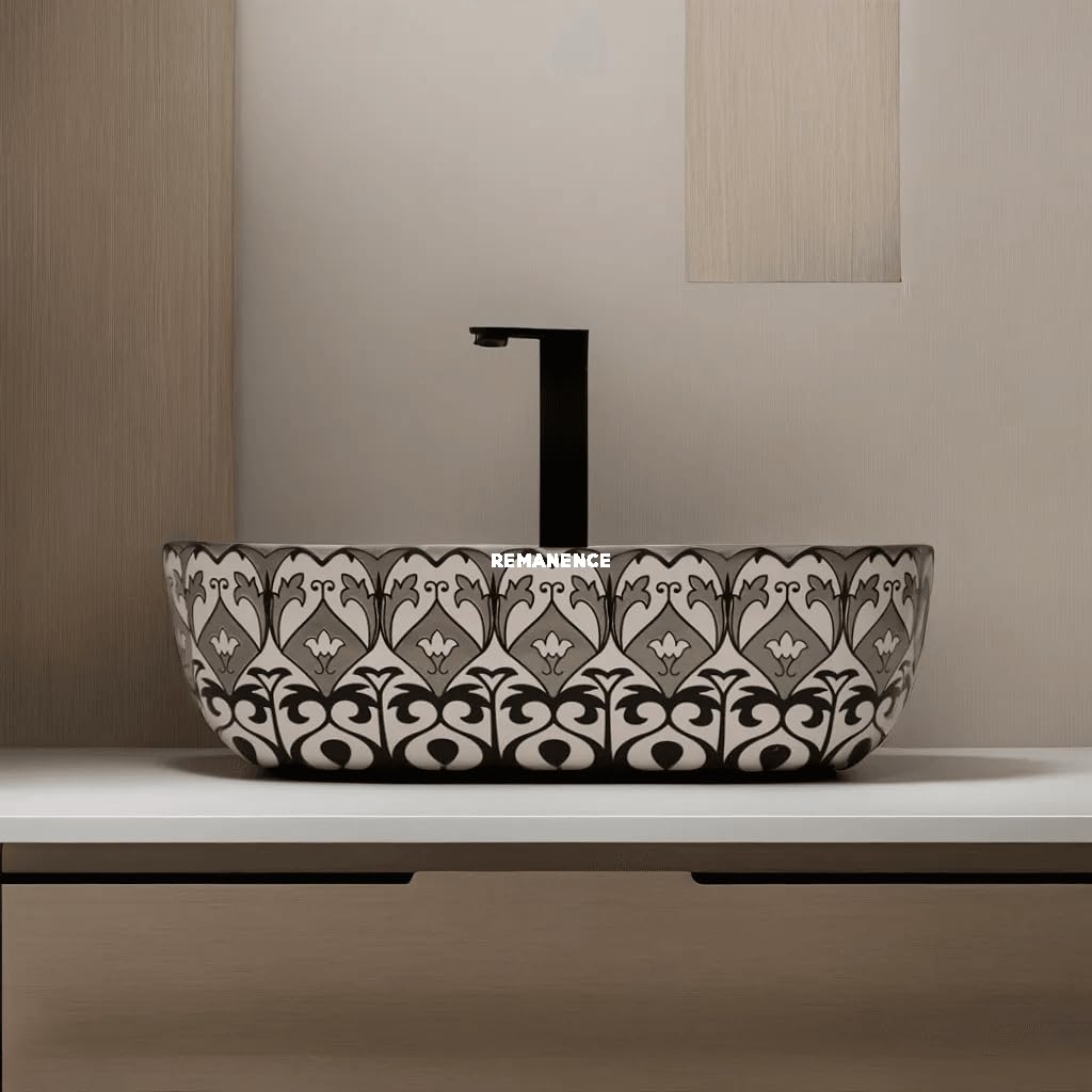 REMANENCE Premium Designer Table Top Wash Basin For Designer Bathrooms, Luxury Homes, Boutique Hotels (18 x 13 x 5.5 Inch) (AD 33 Uniqe Design)