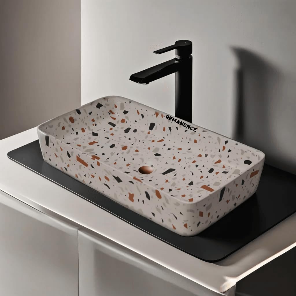 REMANENCE Designer Ceramic Table Top Wash Basin For Bathroom (24 x 14 x 5 Inch) (White N GoldYellow)