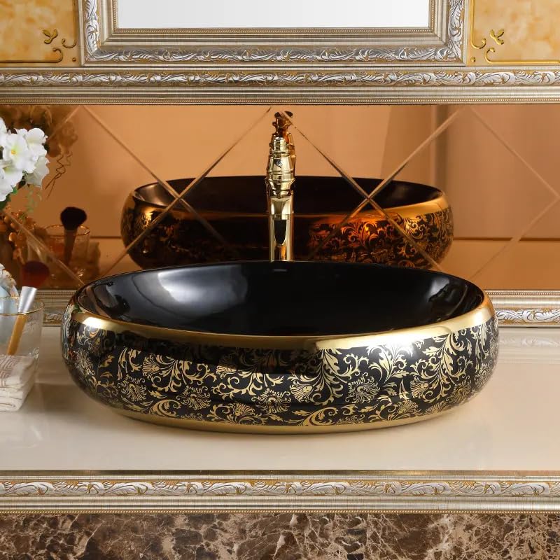 REMANENCE Premium Countertop Wash Basin for High-End Restaurants, Boutique Hotel & Resort, Gourmet Cafés (24 x 16 x 6 Inch) (Glossy Black Golden Basin-Abstract Design)
