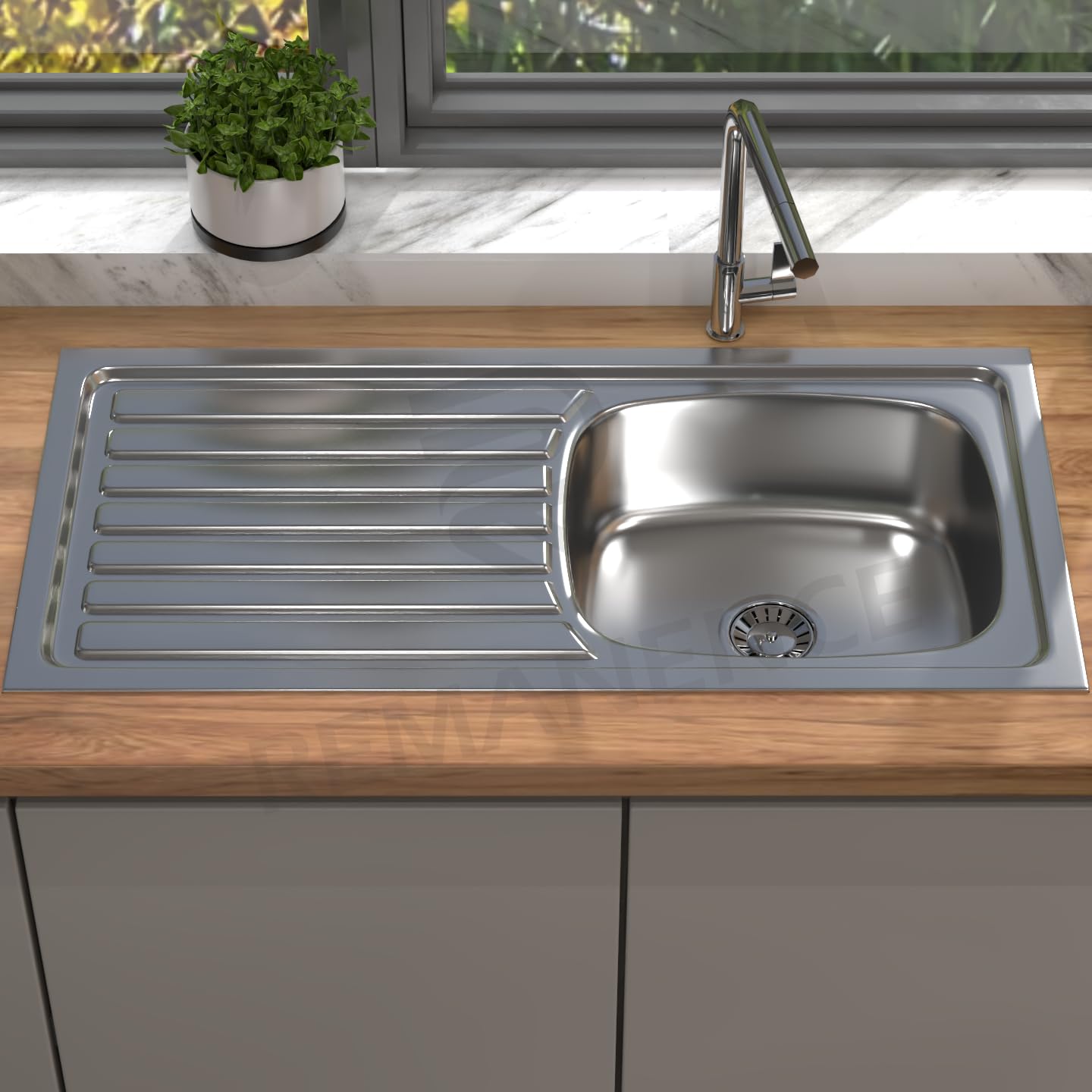 REMANENCE 304 Grade Stainless Steel Single Bowl Kitchen Sink with Integrated Drain Board (37 x 18 x 8 Inch) (Glossy)