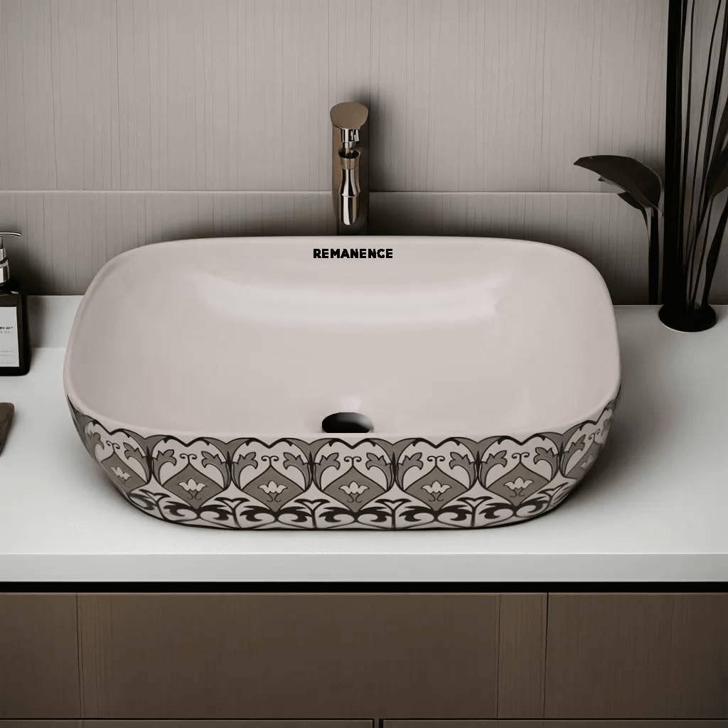 REMANENCE Premium Designer Table Top Wash Basin For Designer Bathrooms, Luxury Homes, Boutique Hotels (18 x 13 x 5.5 Inch) (AD 33 Uniqe Design)