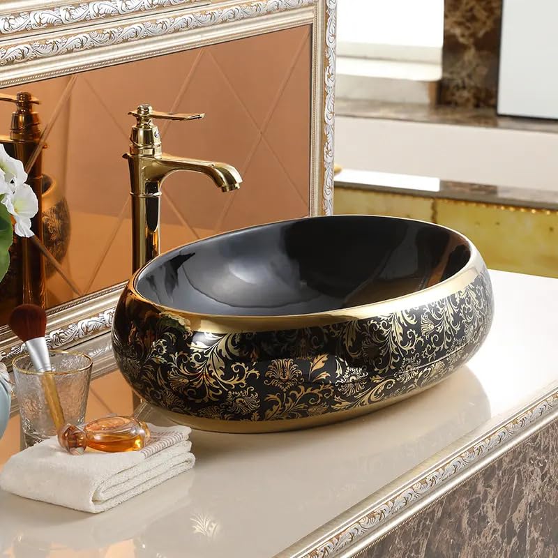 REMANENCE Premium Countertop Wash Basin for High-End Restaurants, Boutique Hotel & Resort, Gourmet Cafés (24 x 16 x 6 Inch) (Glossy Black Golden Basin-Abstract Design)